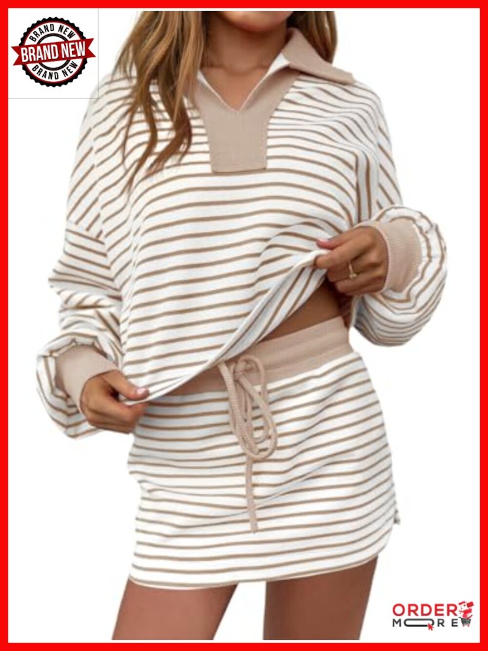 Womens 2 Piece Lounge Set Striped V-Neck High Waist Skirt Skort with Built-In